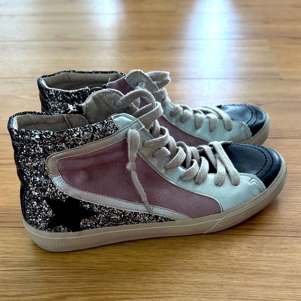 Shu Shop Womens Glitter Star High Top Sneakers Size 10 Silver Pink Fashion - Picture 2 of 10